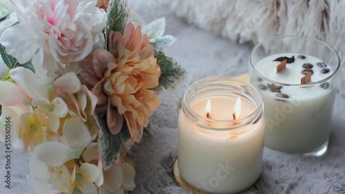 Beautiful handmade candles. A candle is burning. Cozy atmosphere in the house. Background video