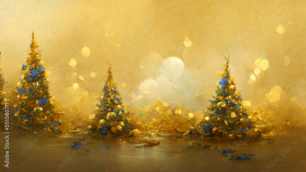 blue and gold christma trees forest on golden background christmas card with ornaments, decorations. Golden and teal painted shiny and bright season greetings background blue and gold christma trees forest on golden background christmas card with ornaments, decorations. Golden and teal painted shiny and bright season greetings background