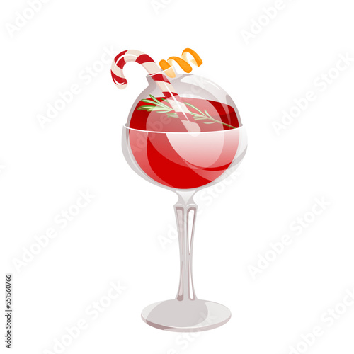 Red Christmas cocktail with sugar cane.Cocktail in a Christmas glass ball. Christmas martini.A festive cocktail.