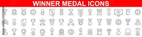 Winning icon set. Winers icon collection. Set of Winner medal. Trophy cup, Medal, Winner prize icon. Champion win trophy and medal with 1st sign. Vector illustration.