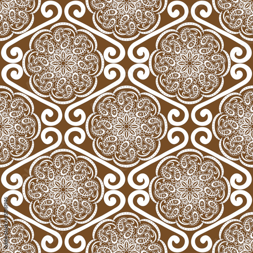 Seamless floral pattern, hand drawn, vector. White mandalas, boho style, brown background.