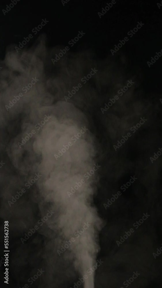 Slow motion vertical video of white smoke, fog, mist, vapor on a black background.