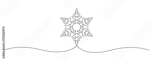 One continuous line drawing of christmas snowflake. Winter snow and cold flake symbol in simple linear style. Holiday icon with empty space in editable stroke. Doodle vector illustration