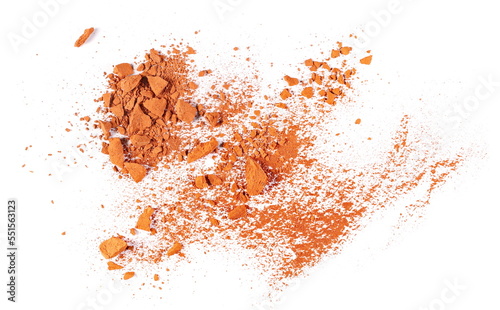 Shattered red brick pieces and dust isolated on white, top view