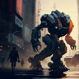 A giant robot walking past a man going to work