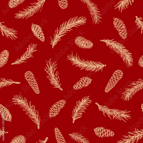 Magic seamless pattern with fir branches and cones. Christmas red background with golden pattern. Winter ornament for packaging, textiles, wallpaper. Vector illustration. Sketch.