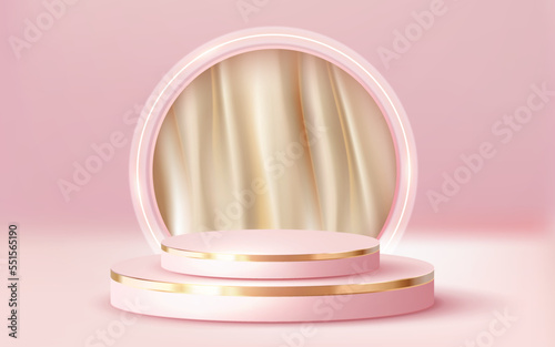 3d rendered luxury pink gold podium with white curtain cream showcase vector 3d pink background