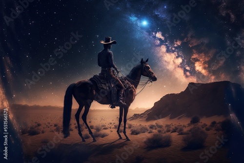 Cowboy riding horse at night. milky way galaxy.  Fantasy scenery. Generative AI © Gasi