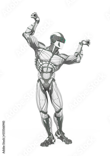 super hero is doing a dynamic bodybuilder pose in an exosuit