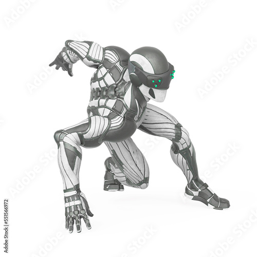 super hero is doing a dynamic comic pose in an exosuit