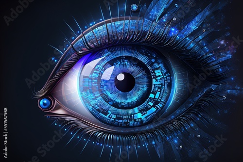 Human android cyborg eye futuristic control protection personal internet security access.Concept robot dna system, future scientific technology innovation science. Blue polygonal vector