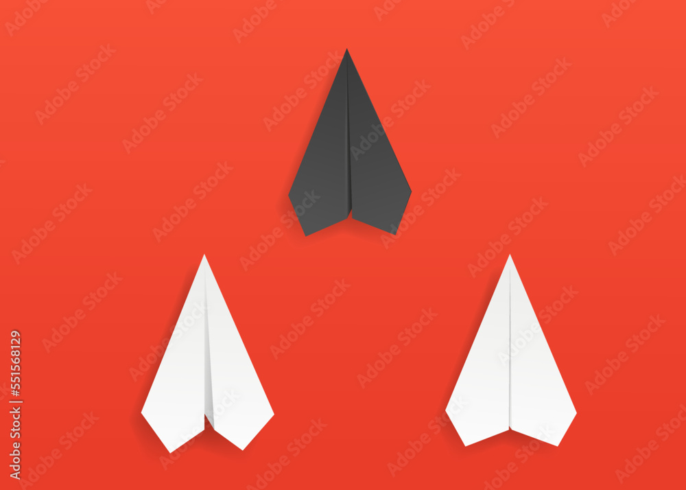 Realistic paper plane. Business background group of white paper plane flying in one direction one of them black. New ideas competition, creativity. Concept of leadership, teamwork and success. Realistic paper plane. Business background group of white paper plane flying in one direction one of them black. New ideas competition, creativity. Concept of leadership, teamwork and success.