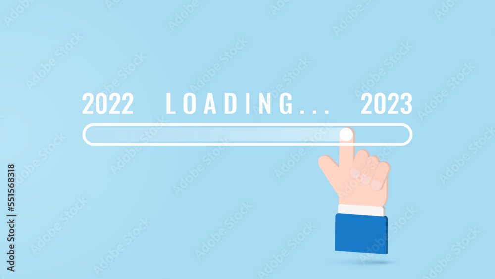 Man hand touching loading bar for countdown to 2023. Loading year 2022 to 2023.Vector illustration. Start concept Man hand touching loading bar for countdown to 2023. Loading year 2022 to 2023.Vector illustration. Start concept