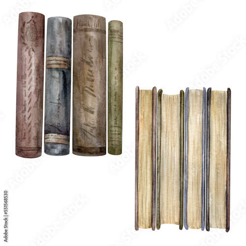 Book. Watercolor. Set Illustration for clipart. Designed for writer blogs, packaging, textiles, web design, websites, stickers, invitations, templates, logos. Drawn by hand.