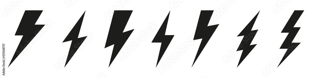 Vector electric lightning bolt logo set isolated on white background for electric power symbol, poster, t shirt. Thunder icon. Storm pictogram. Flash