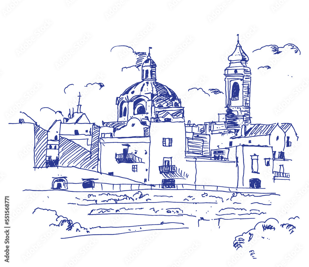 Vector hand drawn sketch illustration of Locorotondo town in Italy