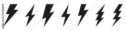 Vector electric lightning bolt logo set isolated on white background for electric power symbol, poster, t shirt. Thunder icon. Storm pictogram. Flash