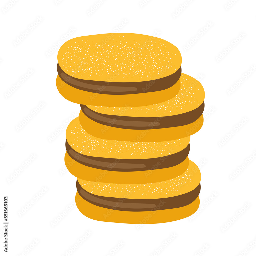 Stack of cookies Alfajor de maicena, traditional Chilean sandwich cookies filled with dulce de leche or chocolate. Isolated vector clip art Stack of cookies Alfajor de maicena, traditional Chilean sandwich cookies filled with dulce de leche or chocolate. Isolated vector clip art