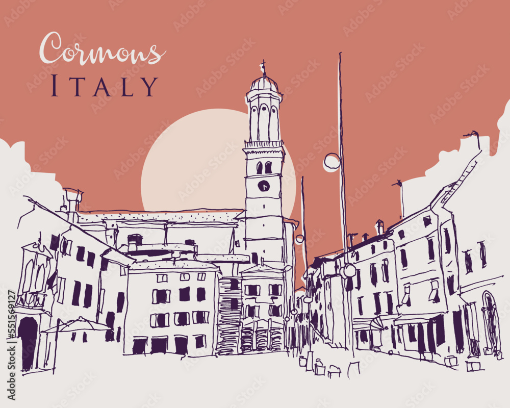 Drawing sketch illustration of Cormons town in Italy