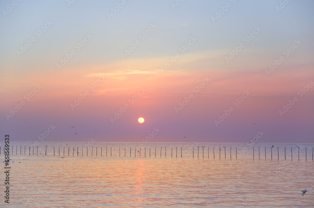 beautiful sunset in a twilight scene with seagulls flying above the sea.