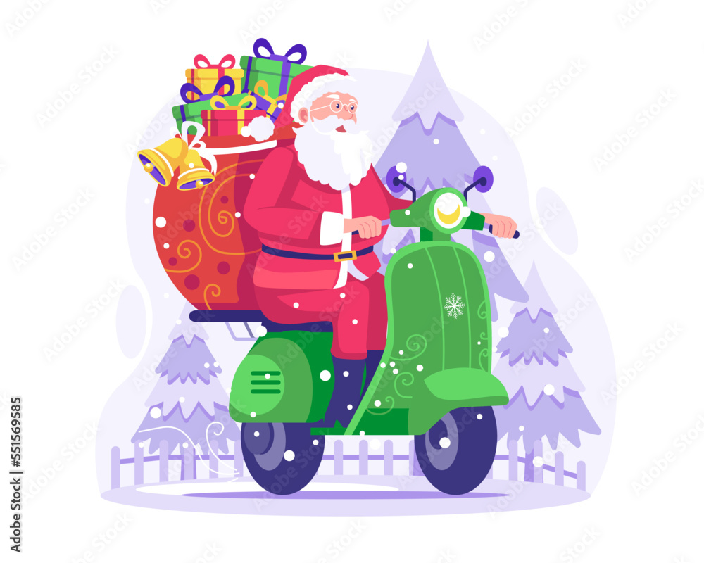 Fototapeta premium Happy Santa Claus with a sack full of Gift boxes riding a scooter to deliver gifts on Christmas Day. Vector illustration in flat style