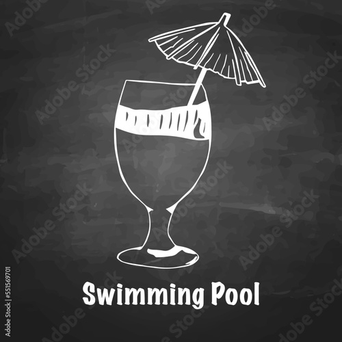 swimming pool cocktail hand drawn with chalk on a blackboard. isolated vector graphic