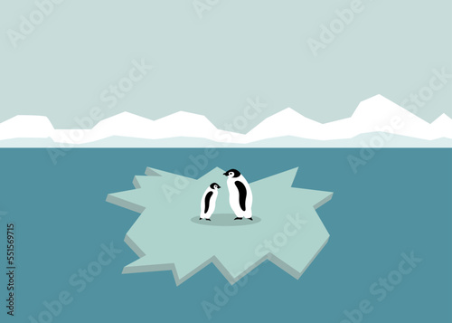 Two penguins standing on a floating ice floe in Antarctica in the background are mountains. Isolated vector graphic