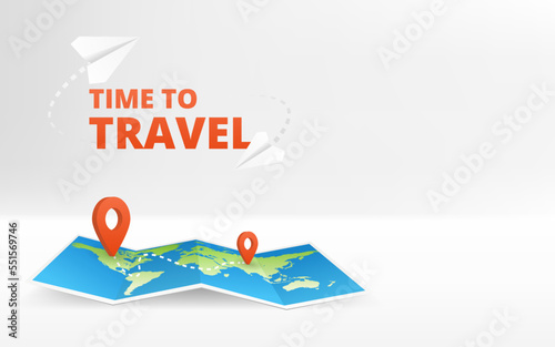 Geography map. Time to travel. Fold paper leaflet world map with place mark pined. Touristic equipment with dots pointer of position. Plane of paper. Navigation gps concept of traveling.