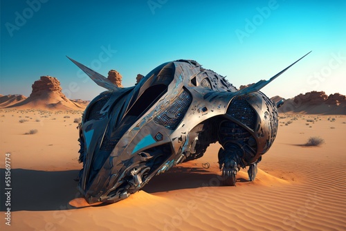 Fotografia science fiction jet fighter, futuristic airplane in the desert, future spaceship