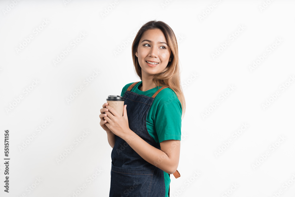 Cheerful young pretty asian woman green t-shirt and apron coffee owner isolated on white background. looking camera. Cheerful young pretty asian woman green t-shirt and apron coffee owner isolated on white background. looking camera.