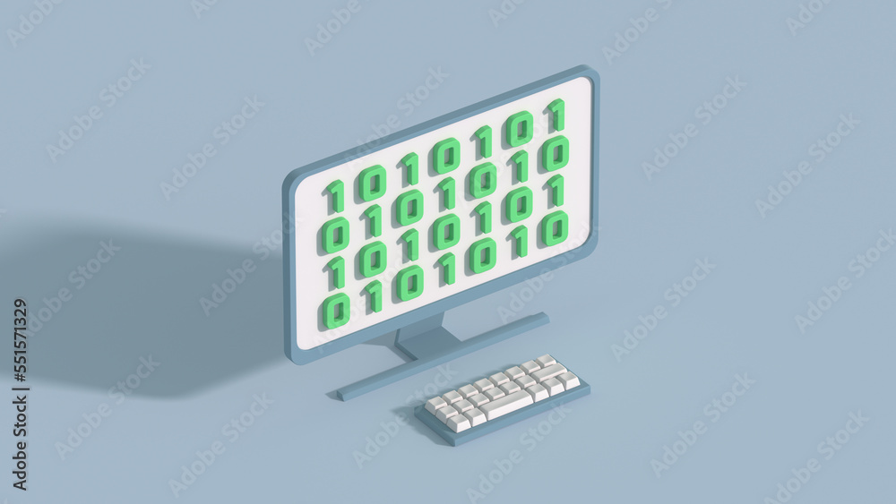Minimal computer with digital code isometric 3D render illustration Minimal computer with digital code isometric 3D render illustration