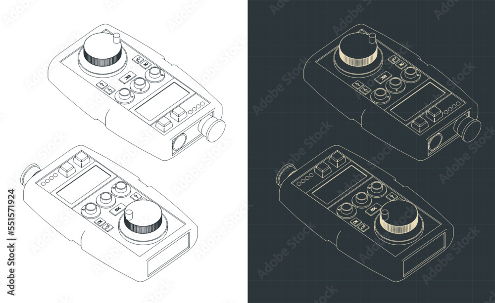 Hand remote control for CNC machine isometric blueprints