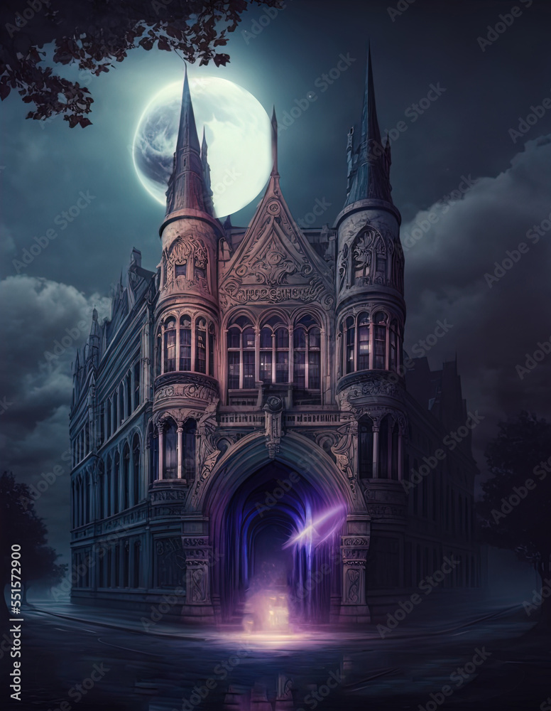 Fototapeta premium Fantasy academy. Gothic building. Great for urban fantasy, vampire and other stories. 