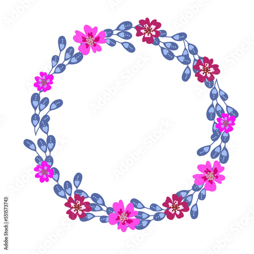 Round frame with pretty flowers. Festive floral circle for your season design.