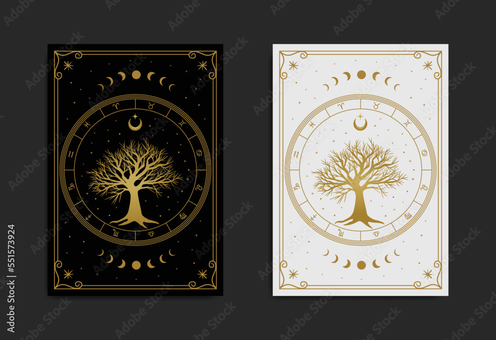 Obraz premium Sacred tree mystical with night sky vector design