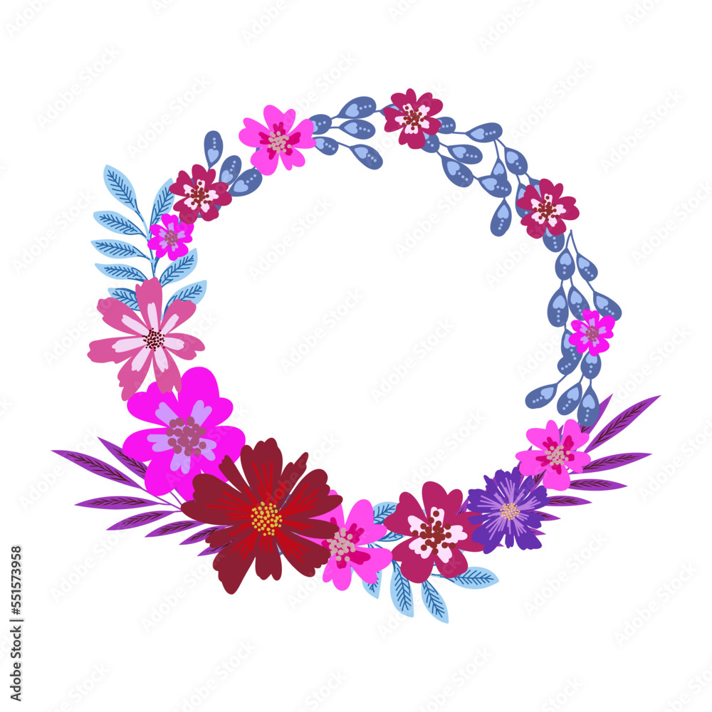 Round frame with pretty flowers. Festive floral circle for your season design.