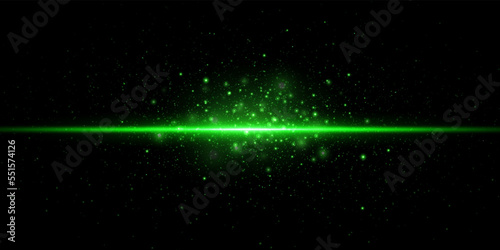 Glowing line with sparks, light effect, green color. On a black background.