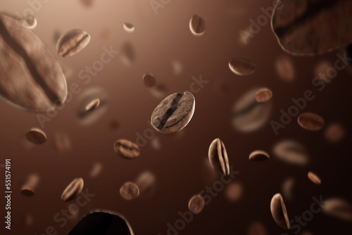 Coffee beans in flight on a brown background. The concept of morning, caffeine, break, exercise, energy. 3d illustration, 3d render, copy space.