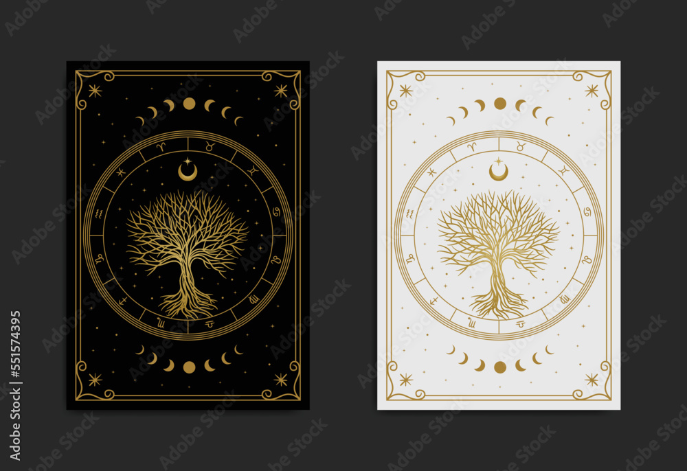 Obraz premium Sacred tree mystical with night sky vector design