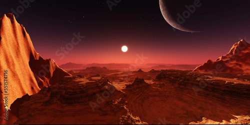 Alien landscape, martian sunset, sun sets over alien surface, 3d rendering