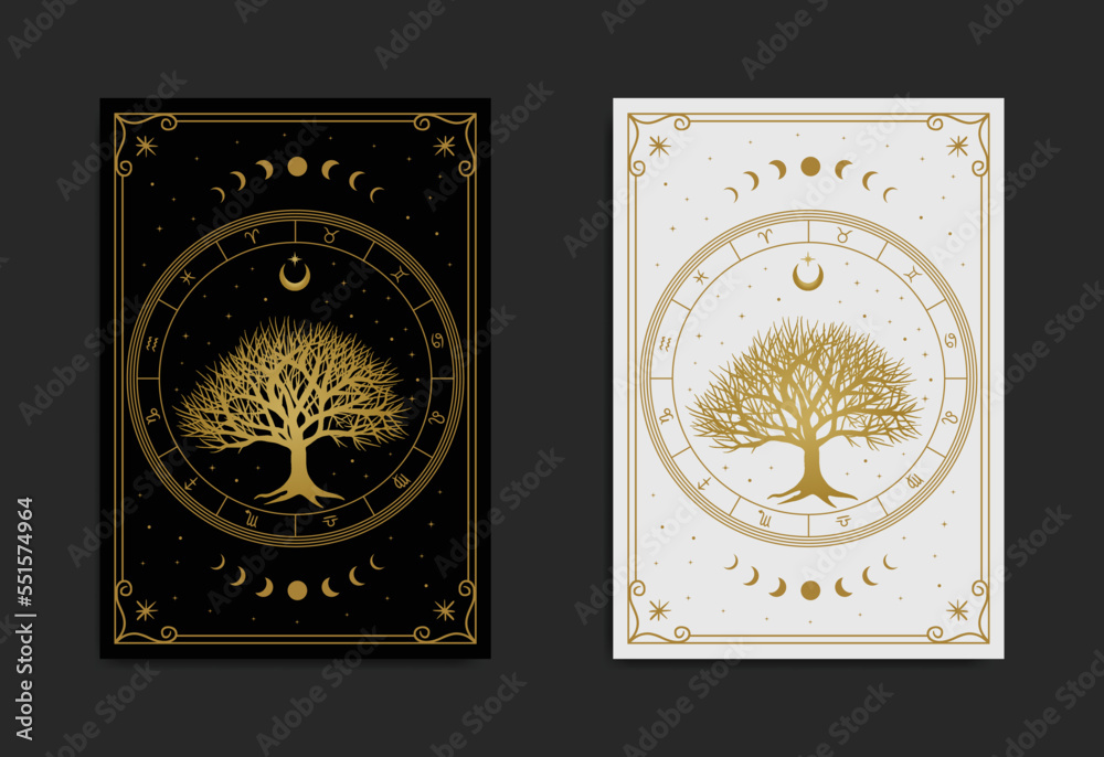 Sacred tree mystical with night sky vector illustration