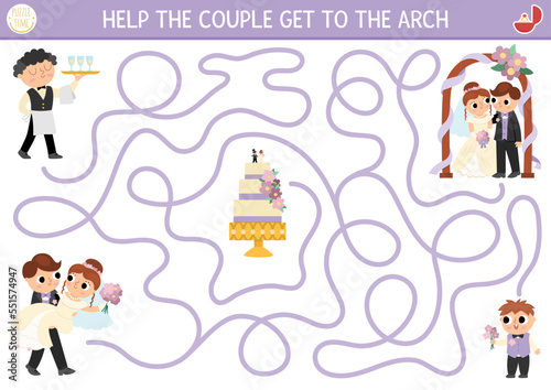 Wedding maze for kids with bride, groom, cake. Marriage ceremony preschool printable activity. Matrimonial labyrinth game, puzzle. Help just married couple get to the arch.