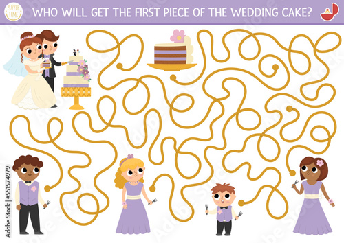 Wedding maze for kids with bride and groom cutting the cake. Marriage ceremony preschool printable activity. Matrimonial labyrinth game, puzzle with guests. Who will get the first piece of dessert.
