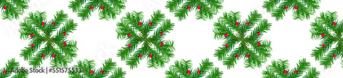 Panorama pattern of green yew branches with red berries on a white background.