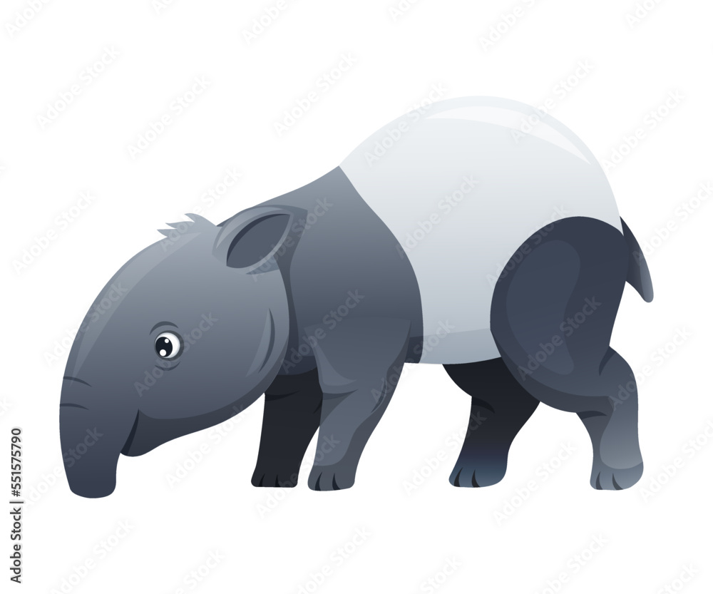 Cute Malayan Tapir Standing as Asian Animal with White Patch and Short Nose Trunk Vector Illustration Cute Malayan Tapir Standing as Asian Animal with White Patch and Short Nose Trunk Vector Illustration