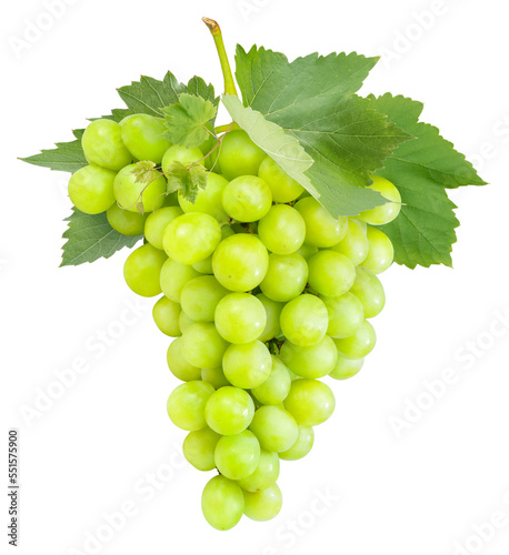 Green Grape with leaves isolated on white, Sweet Green Grape isolated on white background With work path.