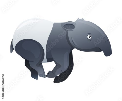 Cute Malayan Tapir Running as Asian Animal with White Patch and Short Nose Trunk Vector Illustration