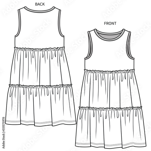 SLEEVELESS FLORAL TIERED KNIT DRESS FOR WOMEN AND GIRLS IN EDITABLE VECTOR