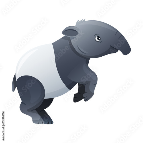 Cute Malayan Tapir Standing on Hind Legs as Asian Animal with White Patch and Short Nose Trunk Vector Illustration