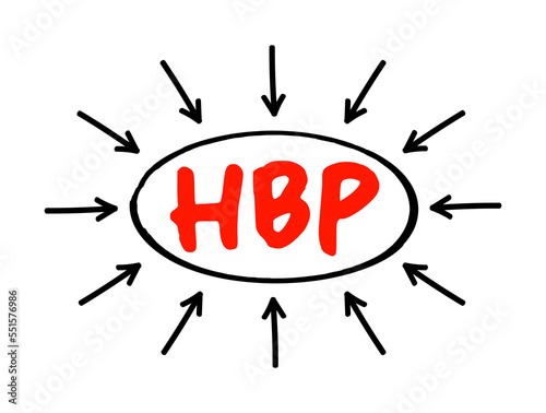 HBP High blood pressure - hypertension, is blood pressure that is higher than normal, acronym text concept with arrows